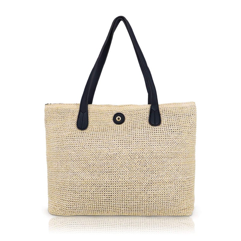 QTKJ Women Straw Summer Beach Bag Handwoven Big Tote Leather Shoulder Handbag with Tassel Decorate (Beige) - Image 4